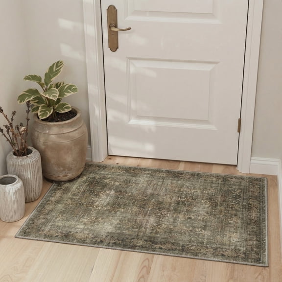 MASIIS 2X3 Vintage Floral Area Rugs Machine Washable Rugs for Living Room, Non Slip Flat Pile Rug with Rubber Backing, Boho Rug for Entryway Bedroom Dining Room Home Office