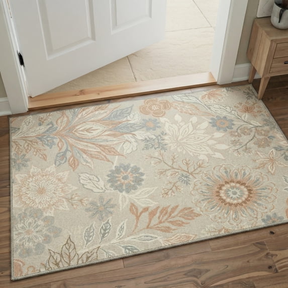MASIIS 2X3 Vintage Floral Area Rugs Machine Washable Rugs for Living Room, Non Slip Flat Pile Rug with Rubber Backing, Boho Rug for Entryway Bedroom Dining Room Home Office