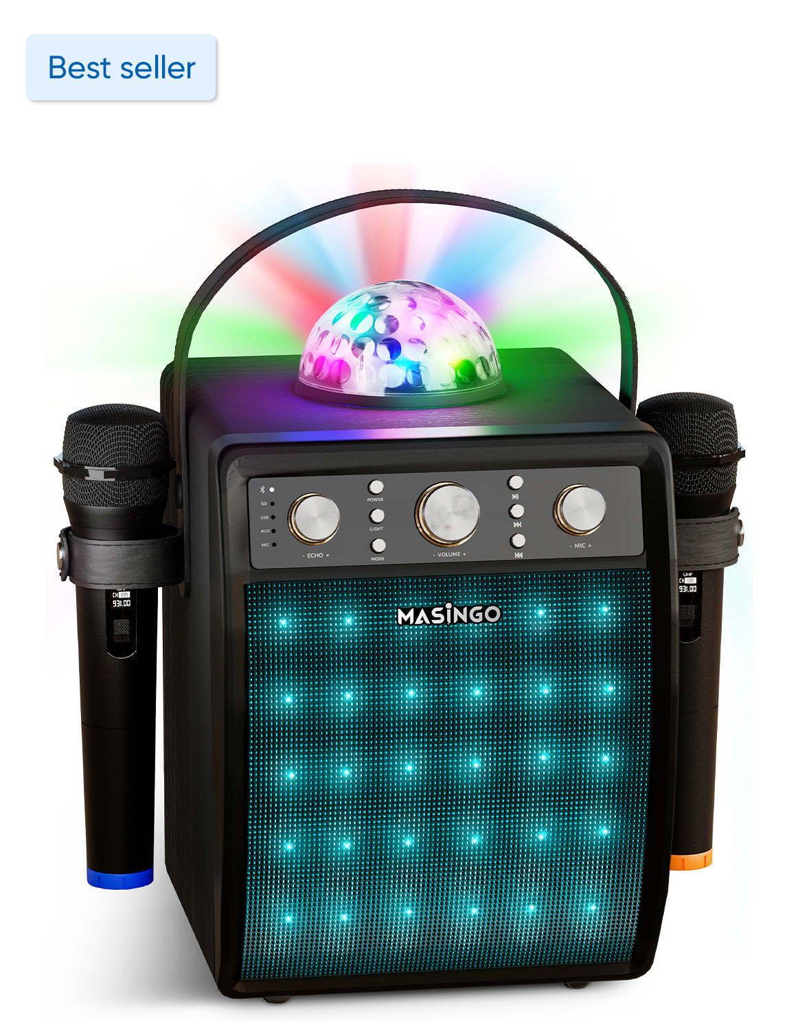 MASINGO 2023 Karaoke Machine for Adults & Kids with 2 Wireless Microphones - Portable Singing PA Speaker System Set w/Two Bluetooth Mics, Disco Ball Party Lights & TV Cable - Ostinato M7  (Black) - image 1 of 10