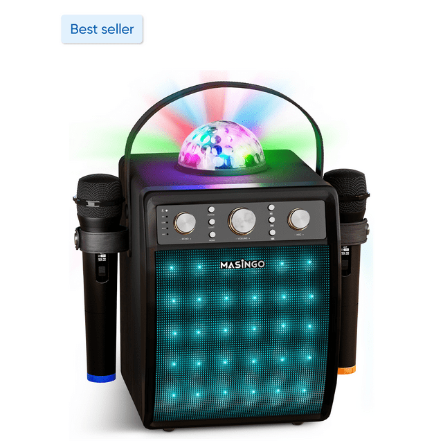 MASINGO 2023 Karaoke Machine for Adults & Kids with 2 Wireless Microphones - Portable Singing PA Speaker System Set w/Two Bluetooth Mics, Disco Ball Party Lights & TV Cable - Ostinato M7  (Black)