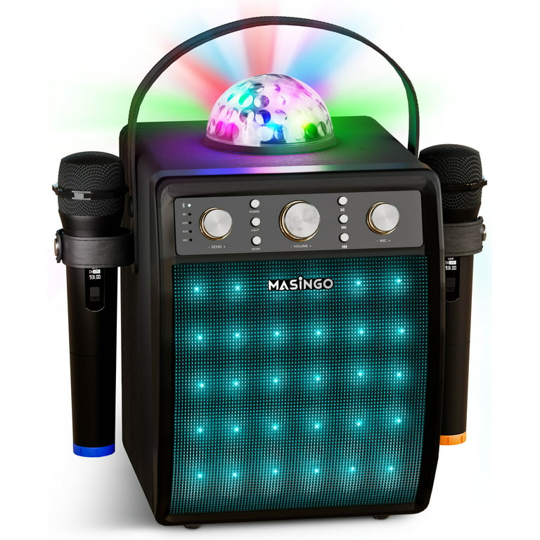 MASINGO 2023 Karaoke Machine for Adults & Kids with 2 Wireless Microphones  - Portable Singing PA Speaker System Set w/Two Bluetooth Mics, Disco Ball