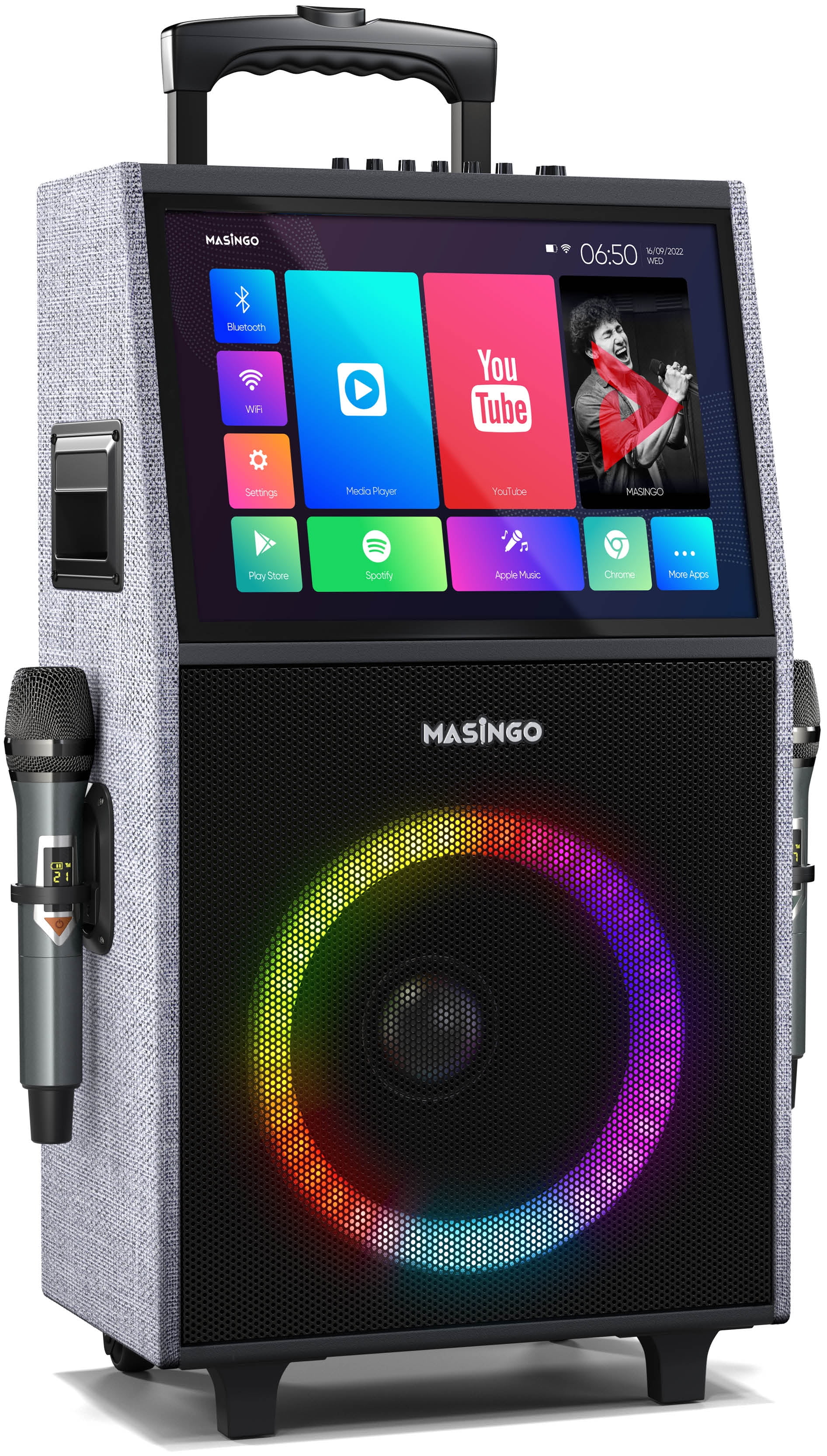MASINGO 2023 Professional Karaoke Machine with Lyrics Display Screen + 2  UHF Wireless Microphones - Bluetooth Portable PA Speaker System with  Built-in