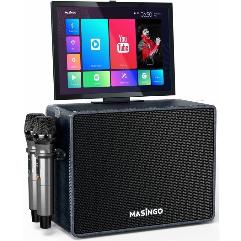 MASINGO 2023 Professional Karaoke Machine with Lyrics Display Screen + 2  UHF Wireless Microphones - Bluetooth Portable PA Speaker System with  Built-in 15 Tablet & WiFi - Best Gift for Adults and Kids 