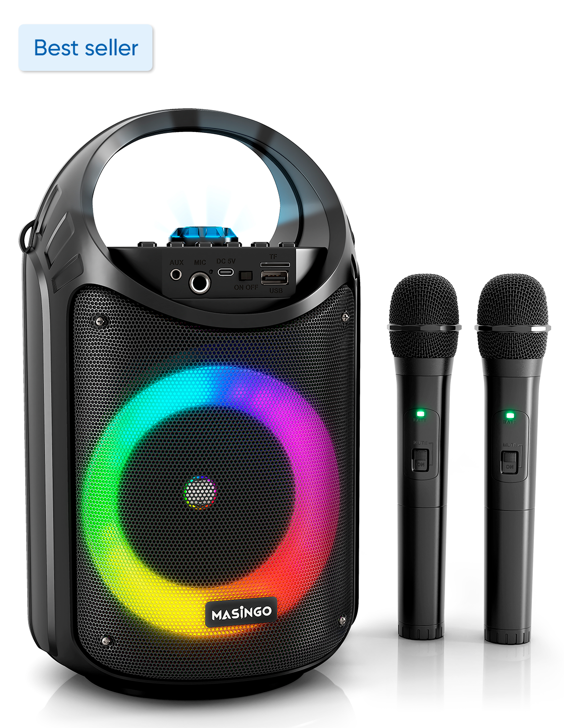 MASINGO Bluetooth Karaoke Machine, PA Portable Speaker, LED Lights, 2 ...