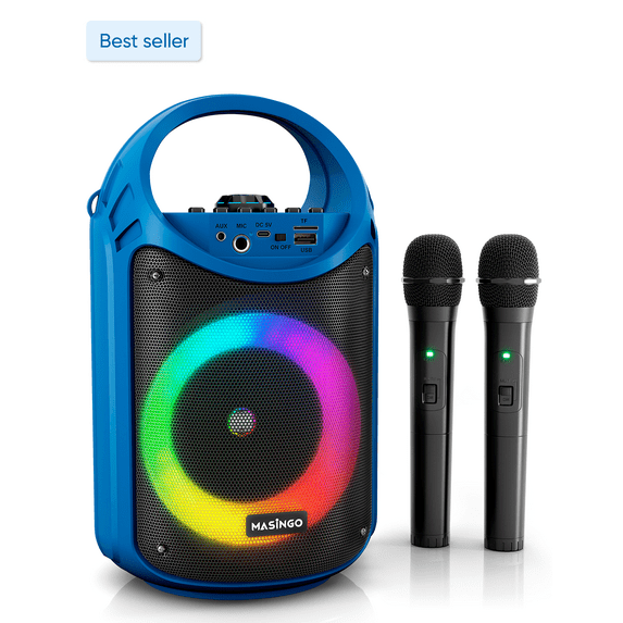 MASINGO Bluetooth Karaoke Machine for Adults and Kids with 2 Wireless Karaoke Microphones, PA Portable Speaker System with LED Party Lights, Burletta C10 V2