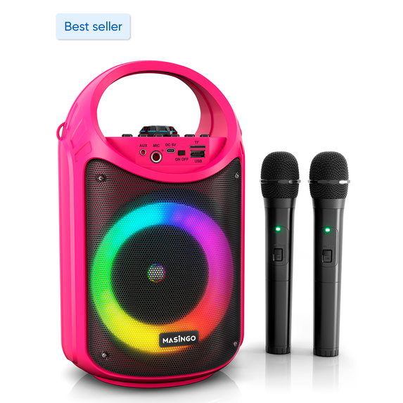 MASINGO Portable Bluetooth Karaoke Machine with 2 Wireless Mics, LED ...