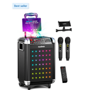 MASINGO Karaoke Machine for Adults and Kids with 2 Bluetooth Wireless Microphones. Portable Singing PA Speaker System with Disco Ball Party Lights, Lyrics Display Tablet Holder & TV Cable. Soprano X1