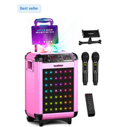 MASINGO Karaoke Machine for Adults & Kids with 2 UHF Wireless Microphones - Portable Singing PA Speaker System w/Two Bluetooth Mics, Party Lights, Lyrics Display Holder & TV Cable - Soprano X1 Pink