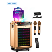 MASINGO Karaoke Machine for Adults & Kids with 2 UHF Wireless Microphones - Portable Singing PA Speaker System w/Two Bluetooth Mics, Party Lights, Lyrics Display Holder & TV Cable - Soprano X1 Gold