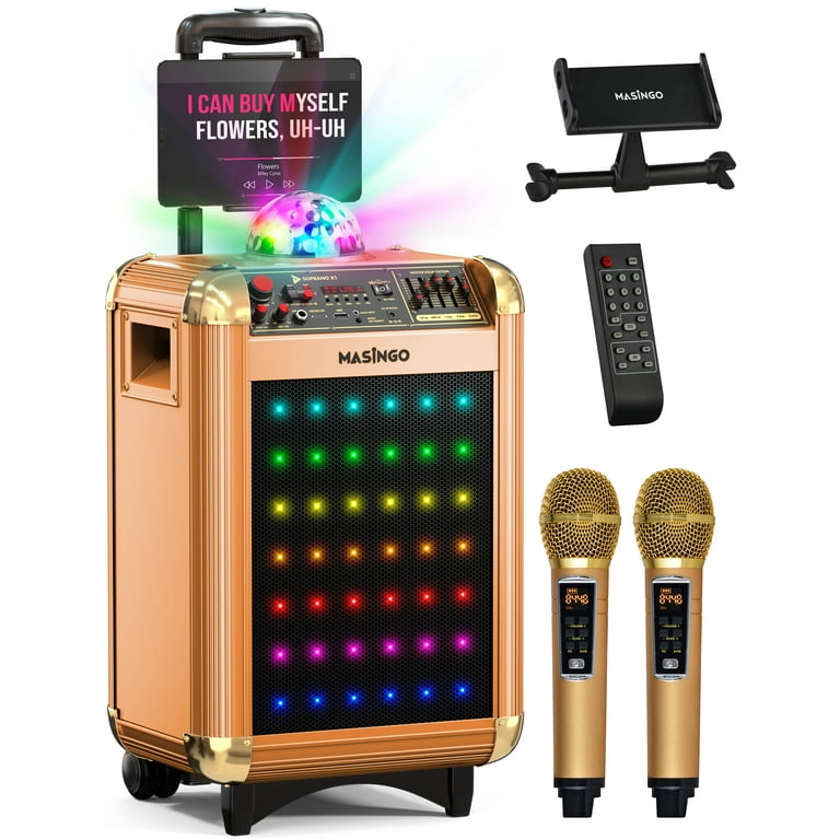 MASINGO Karaoke Machine for Adults & Kids with 2 UHF Wireless Microphones -  Portable Singing PA Speaker System w/Two Bluetooth Mics, Party Lights