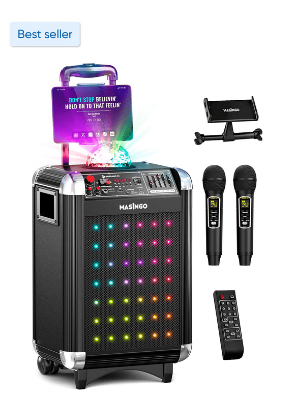 MASINGO Karaoke Machine for Adults & Kids with 2 UHF Wireless Microphones - Portable Singing PA Speaker System w/Two Bluetooth Mics, Party Lights, Lyrics Display Holder & TV Cable - Soprano X1 Black