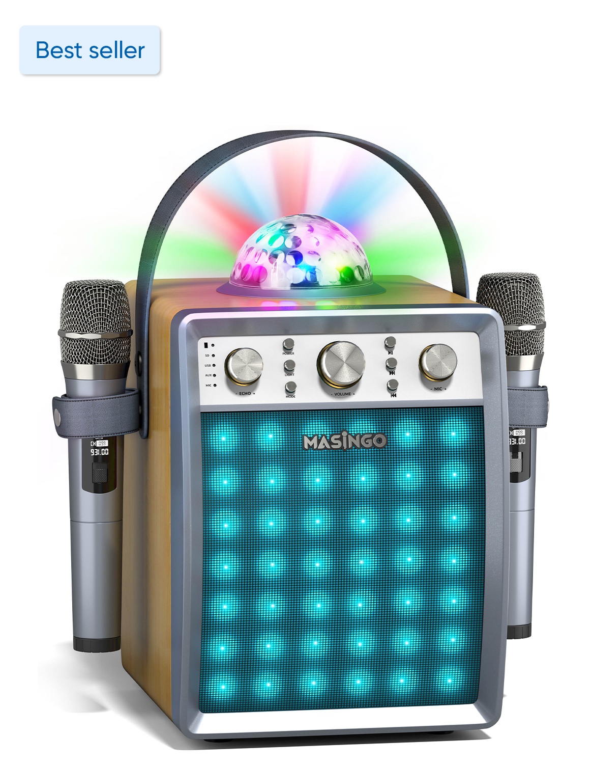MASINGO Karaoke Machine for Adults and Kids with 2 Wireless Microphones, Portable Singing PA Speaker System Set with Disco Ball Party Lights & TV Cable, Ostinato M7
