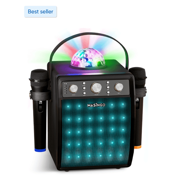 MASINGO Karaoke Machine for Adults and Kids with 2 Wireless Microphones, Portable Singing PA Speaker System Set with Disco Ball Party Lights & TV Cable, Ostinato M7