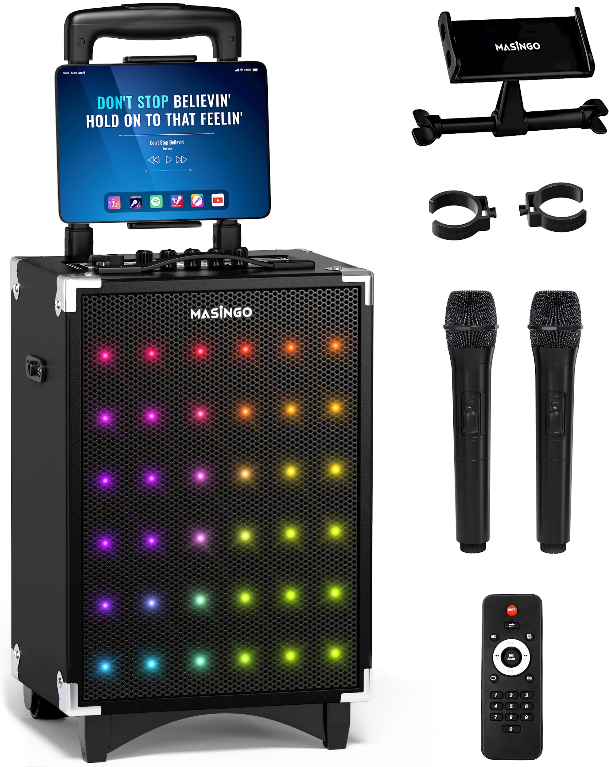 AMASING MASINGO Karaoke Machine for Adults and Kids, 40W Speaker with 8" Woofer, 2 Wireless Microphones, Bluetooth, USB, MicroSD, FM Radio, TV Connection, Tablet Holder, and Real-Time Karaoke Mode, Soprano X2