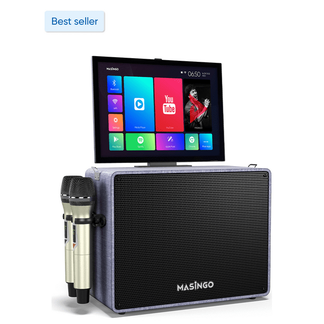 GEARDON Karaoke Machine With Lyrics Display Screen, Built-in 15 Inches Tablet & WiFi, Portable Bluetooth Speaker W/ 2 Rechargeable UHF Microphones For