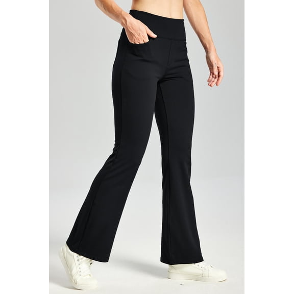 MASKERT Women's Fleece Lined Bootcut Pants,High Waisted Stretch Casual Pants,Warm Winter Pants with 4 Pockets,Black