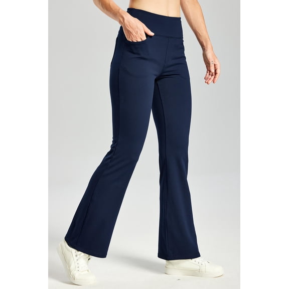 MASKERT Women's Fleece Lined Bootcut Pants,High Waisted Stretch Casual Pants,Warm Winter Pants with 4 Pockets,Navy Blue