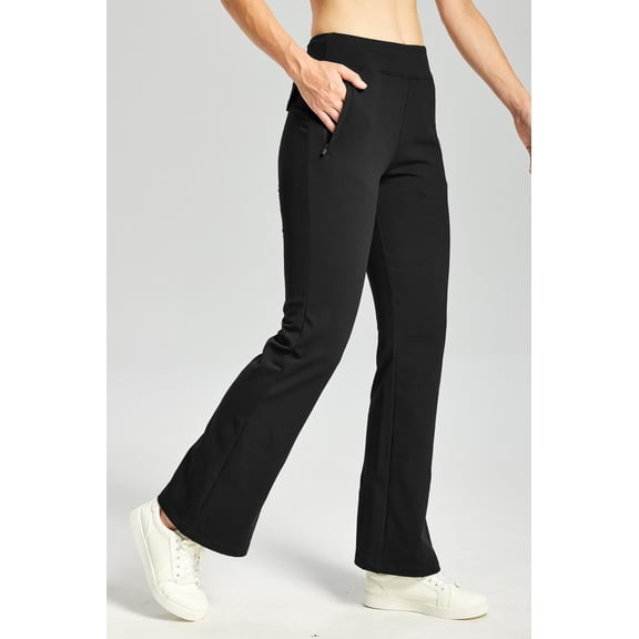 MASKERT Women's Fleece Lined Flare Pants, High Waisted Stretch Casual Pants with Zipper Pockets, Soft Warm Bootcut Pants for Fall Winter