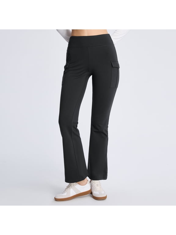 Women’s Fleece Lined Flare Pants, High Waisted Stretch Casual Pants with Cargo Pockets, Warm Bootcut Pants for Fall Winter, 29"/31" Inseam