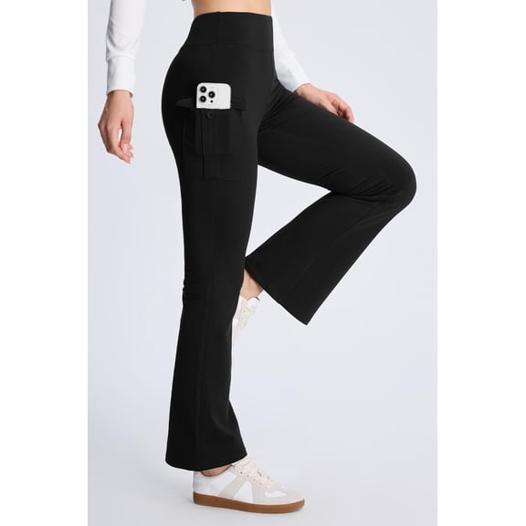 MASKERT Women’s Fleece Lined Flare Pants, High Waist Stretch Casual Pants with Cargo Pockets, Soft Warm Bootcut Pants for Fall Winter