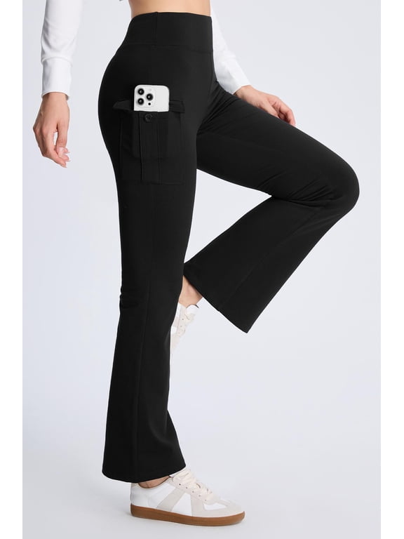 Women’s Fleece Lined Flare Pants, High Waist Stretch Casual Pants with Cargo Pockets, Soft Warm Bootcut Pants for Fall Winter
