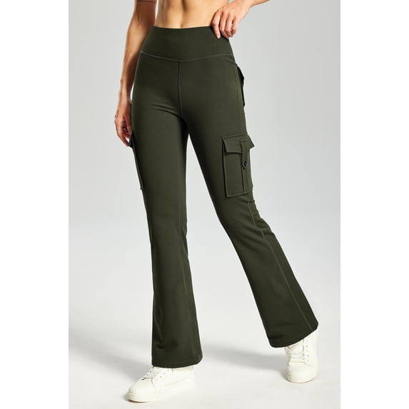 MASKERT Women's Fleece Lined Flare Pants, High Waisted Stretch Casual Pants, Water Resistant Warm Pants with 4 Pockets for Outdoor Travel and Daily Wear