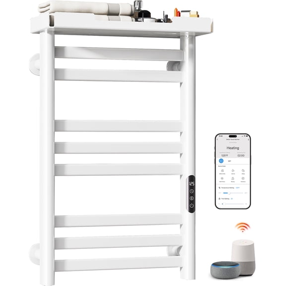 MASO Smart Heated Towel Rack, 160W Wall-Mounted Electric Towel Warmer with Shelf, 8-Bar, Wi-Fi App Control, 1-24H Timer, 115-155, Low Carbon Steel, IPX5, Plug-in/Hardwired, White