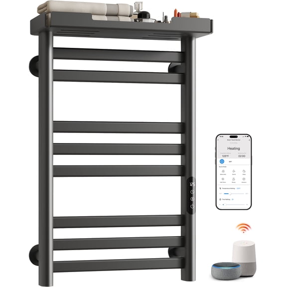 MASO Smart Heated Towel Rack, 160W Wall-Mounted Electric Towel Warmer with Shelf, 8-Bar, Wi-Fi App Control, 1-24H Timer, 115-155, Low Carbon Steel, IPX5, Plug-in/Hardwired, Gray