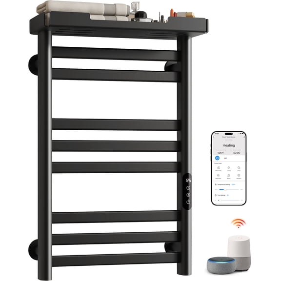 MASO Smart Heated Towel Rack, 160W Wall-Mounted Electric Towel Warmer with Shelf, 8-Bar, Wi-Fi App Control, 1-24H Timer, 115-155, Low Carbon Steel, IPX5, Plug-in/Hardwired, Black