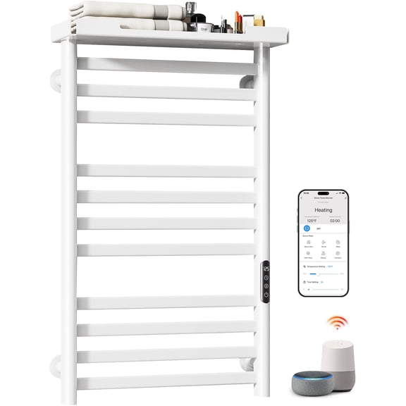 MASO Smart Heated Towel Rack, 290W Wall-Mounted Electric Towel Warmer with Shelf, 8-Bar, Wi-Fi App Control, 1-24H Timer, 115-155, Low Carbon Steel, IPX5, Plug-in/Hardwired, White