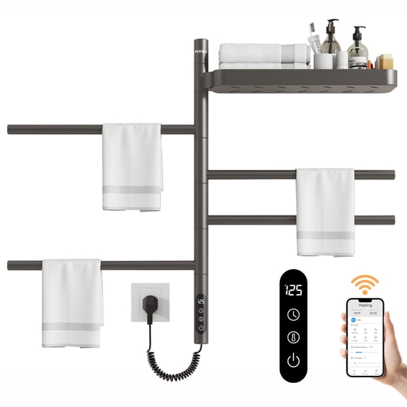 MASO Smart Rotating Heated Towel Rack for Bathroom, 70W Electric Towel Warmer with Swivel Bars, 1-24H Timer, 115℉-155℉, Wi-Fi App Control, Low Carbon Steel, IPX5, Plug-in/Hardwired, Gray
