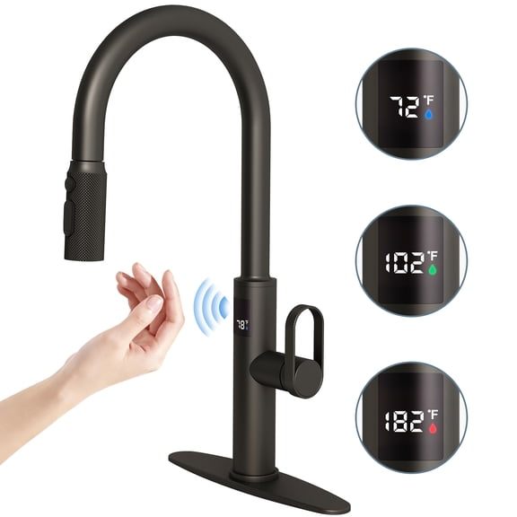 MASO Touchless Kitchen Faucet with Pull-Down Sprayer, Fahrenheit Temperature Display, 3 Spray Modes, 360 Swivel, Commercial Modern Faucet for RV, Farmhouse, Camper, Laundry & Bar,Matte Black