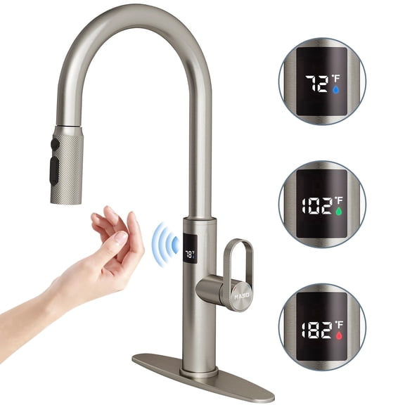 MASO Touchless Kitchen Faucet with Pull-Down Sprayer, Fahrenheit Temperature Display, 3 Spray Modes, 360° Swivel, Commercial Modern Faucet for RV, Farmhouse, Camper, Laundry & Bar, Brushed Nickel