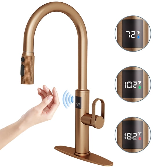 MASO Touchless Kitchen Faucet with Pull-Down Sprayer, Fahrenheit Temperature Display, 3 Spray Modes, 360 Swivel, Commercial Modern Faucet for RV, Farmhouse, Camper, Laundry & Bar,Brushed Rose Gold