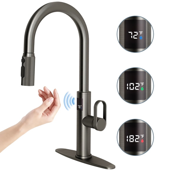 MASO Touchless Kitchen Faucet with Pull-Down Sprayer, Fahrenheit Temperature Display, 3 Spray Modes, 360 Swivel, Commercial Modern Faucet for RV, Farmhouse, Camper, Laundry & Bar,Brushed Gray