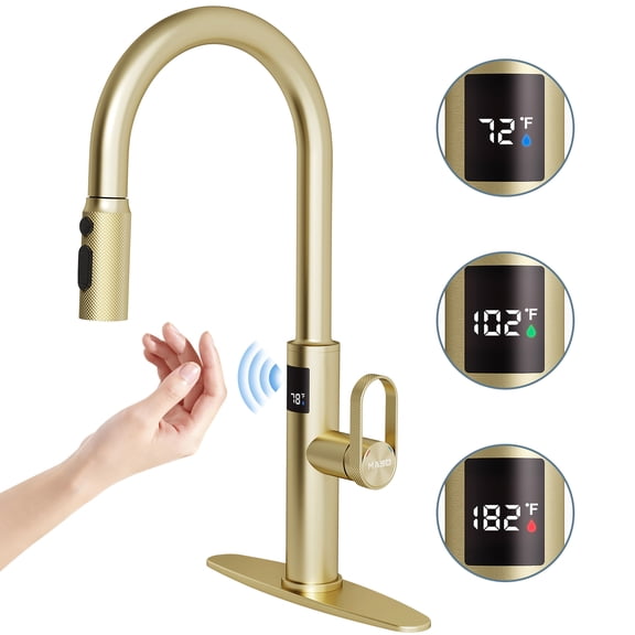 MASO Touchless Kitchen Faucet with Pull-Down Sprayer, Fahrenheit Temperature Display, 3 Spray Modes, 360 Swivel, Commercial Modern Faucet for RV, Farmhouse, Camper, Laundry & Bar,Brushed Gold