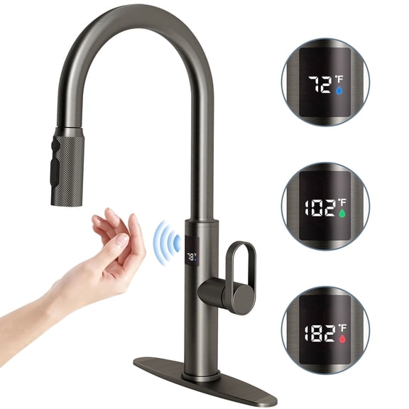 MASO Touchless Kitchen Faucet with Pull-Down Sprayer, Fahrenheit Temperature Display, 3 Spray Modes, 360° Swivel, Commercial Modern Faucet for RV, Farmhouse, Camper, Laundry & Bar,Brushed Gray