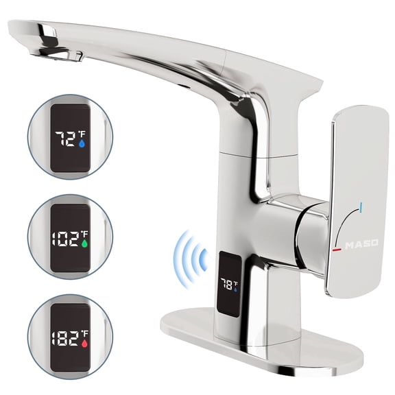 MASO Touchless Pull-Down Bathroom Sink Faucet, 2 Spray Modes, Temperature Display (°F), Motion Sensor, 360° Swivel, Single Handle, 1 or 3 Hole, Deck Plate, Vanity, Laundry & Bar, Polished Chrome