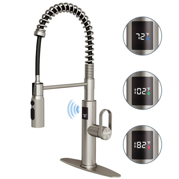 MASO Touchless Spring Kitchen Faucet with Pull-Down Sprayer, Fahrenheit Temperature Display, 3 Spray Modes, 360 Swivel, Single Handle for RV, Farmhouse, Camper, Laundry & Bar,Brushed Nickel