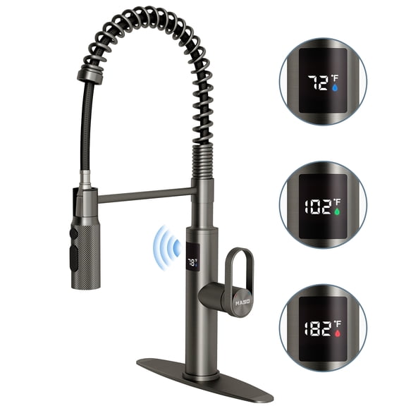 MASO Touchless Spring Kitchen Faucet with Pull-Down Sprayer, Fahrenheit Temperature Display, 3 Spray Modes, 360 Swivel, Single Handle for RV, Farmhouse, Camper, Laundry & Bar,Brushed Gray