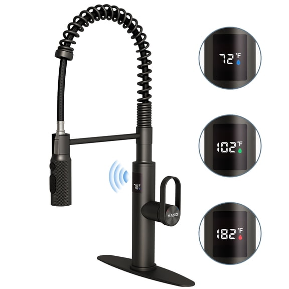MASO Touchless Spring Kitchen Faucet with Pull-Down Sprayer, Fahrenheit Temperature Display, 3 Spray Modes, 360 Swivel, Single Handle for RV, Farmhouse, Camper, Laundry & Bar,Matte Black