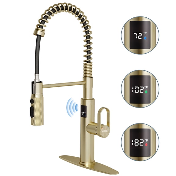 MASO Touchless Spring Kitchen Faucet with Pull-Down Sprayer, Fahrenheit Temperature Display, 3 Spray Modes, 360 Swivel, Single Handle for RV, Farmhouse, Camper, Laundry & Bar,Brushed Gold