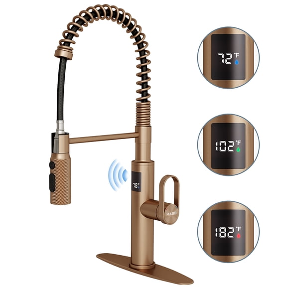 MASO Touchless Spring Kitchen Faucet with Pull-Down Sprayer, Fahrenheit Temperature Display, 3 Spray Modes, 360 Swivel, Single Handle for RV, Farmhouse, Camper, Laundry & Bar, Brushed Rose Gold