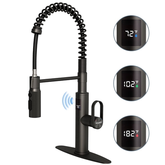 MASO Touchless Spring Kitchen Faucet with Pull-Down Sprayer, Fahrenheit Temperature Display, 3 Spray Modes, 360° Swivel, Single Handle for RV, Farmhouse, Camper, Laundry & Bar,Matte Black