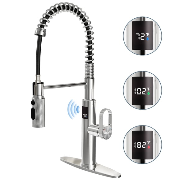 MASO Touchless Spring Kitchen Faucet with Pull-Down Sprayer, Fahrenheit Temperature Display, 3 Spray Modes, 360 Swivel, Single Handle for RV, Farmhouse, Camper, Laundry & Bar,Polished Chrome