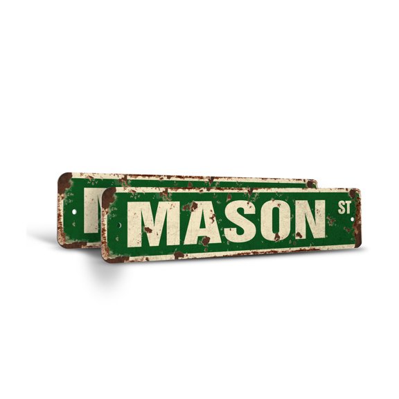 MASON Vintage Style Rustic Street Sign – (2 Pack) Childrens Name Room Sign Retro Decorative Wall Sign for Home, Bar, Garage, or Outdoor Use | 4" X 18" Plastic Road Sign