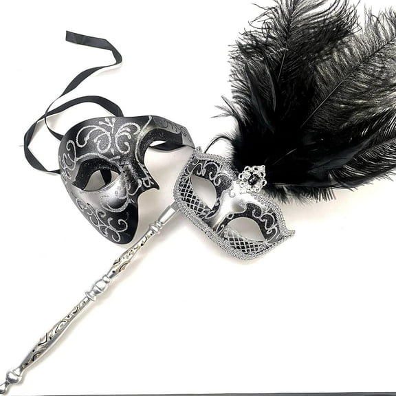 MASQ Black Masquerade Phantom Feather Stick Mask Feather Halloween Cosplay Dress up Birthday Party Prom Wedding Dance Anniversary Wear