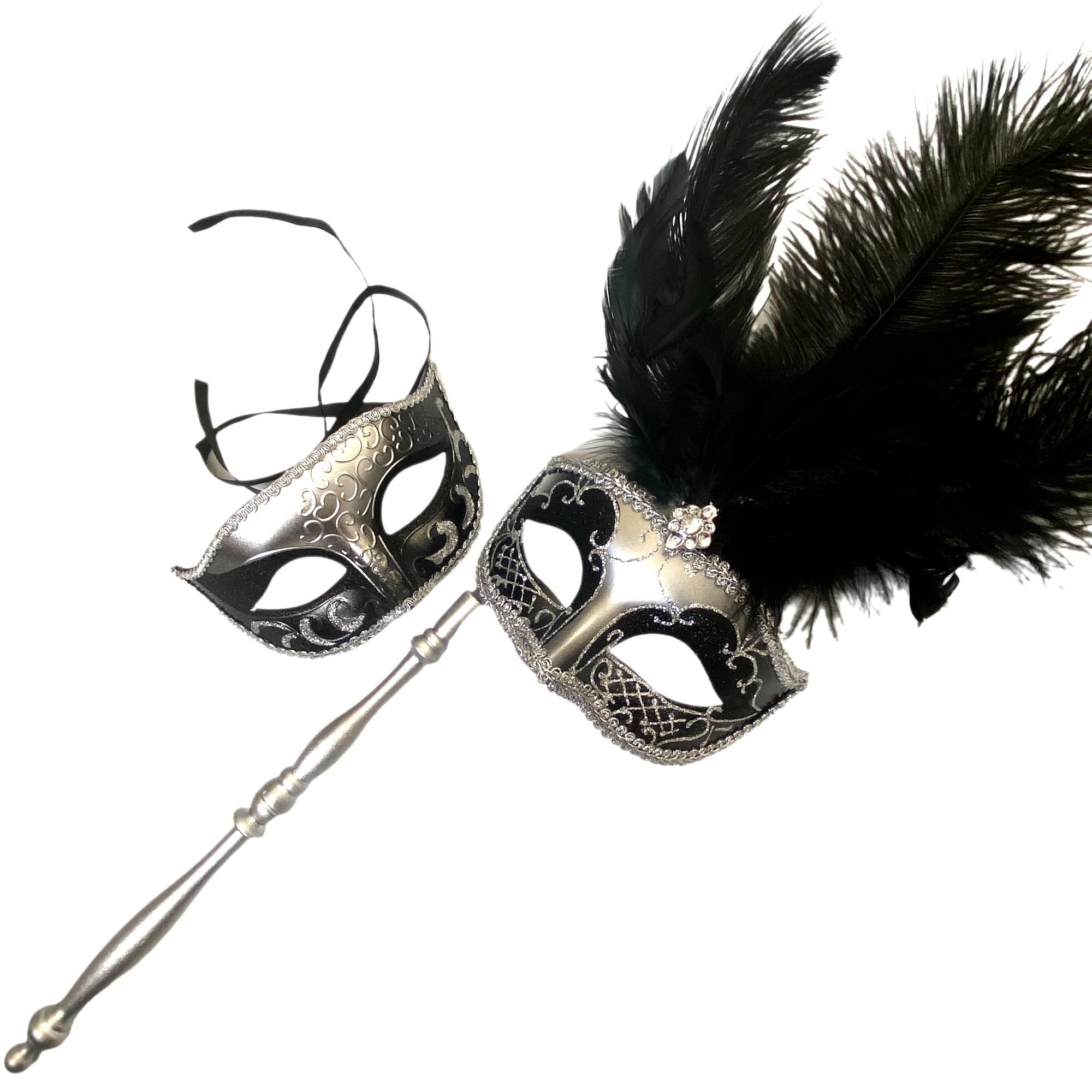 MASQ Couples Black Masquerade Stick Feather Mask with Handle Cosplay ...
