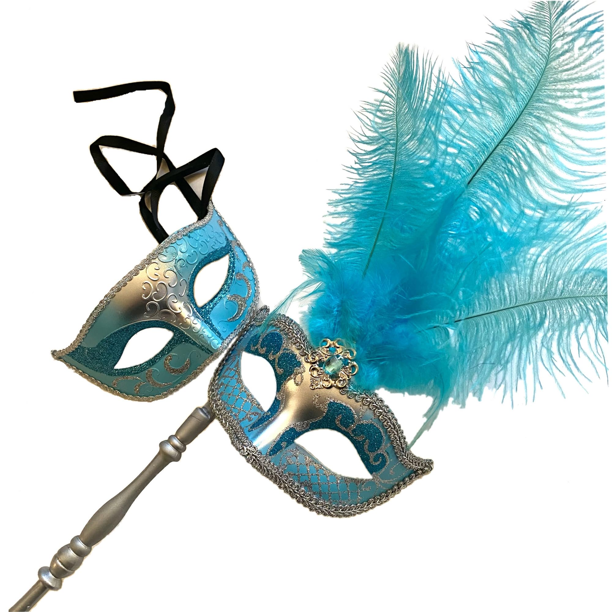 MASQ Couples Black Masquerade Stick Feather Mask with Handle Cosplay ...