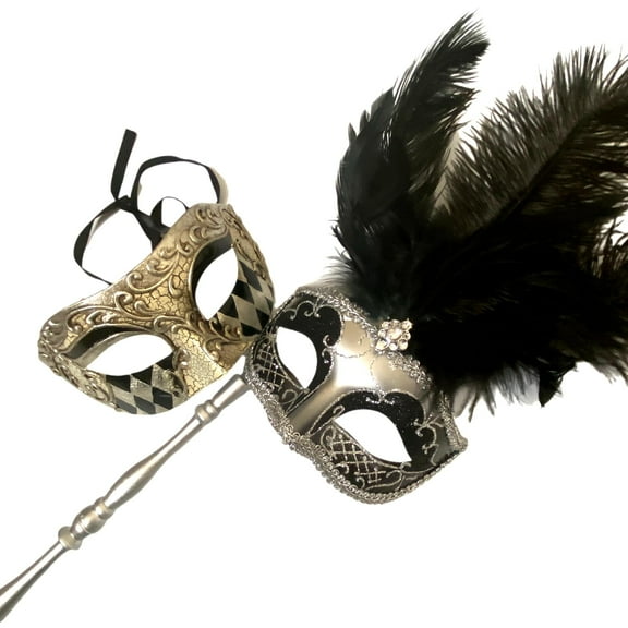 MASQ Couples Black Masquerade Stick Feather Mask with Handle Cosplay Dance Prom Birthday Mardi Gras Carnival Halloween Costume Dress up Cosplay Party